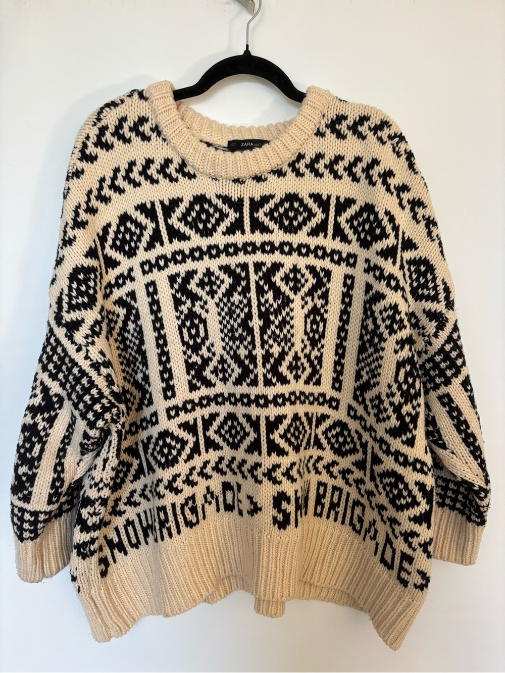 Zara Cream and Black Crewneck Patterned Sweater oversized
